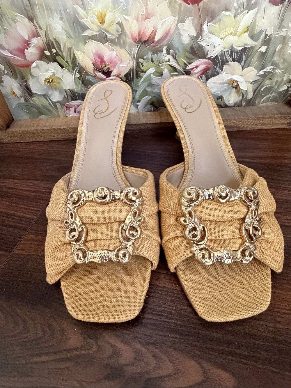 Sam Edelman Tan Woven Bow Gold Buckle Heeled Mules Size 11